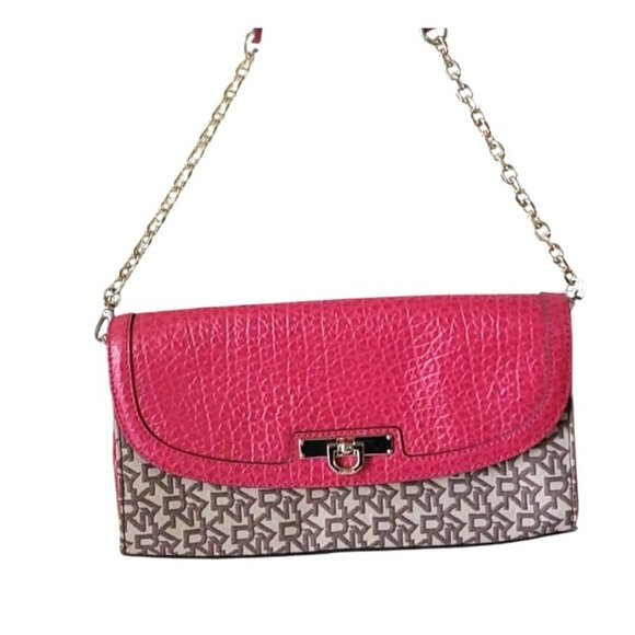 DKNY Pink Leather & Monogram Canvas Clutch Purse - Picture 3 of 8